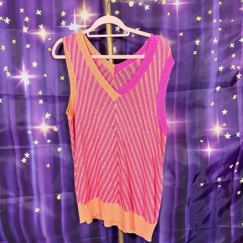 Shewin - Contrast Chevron V-Neck Knitted Vest - Pink, Orange - XL - NWT